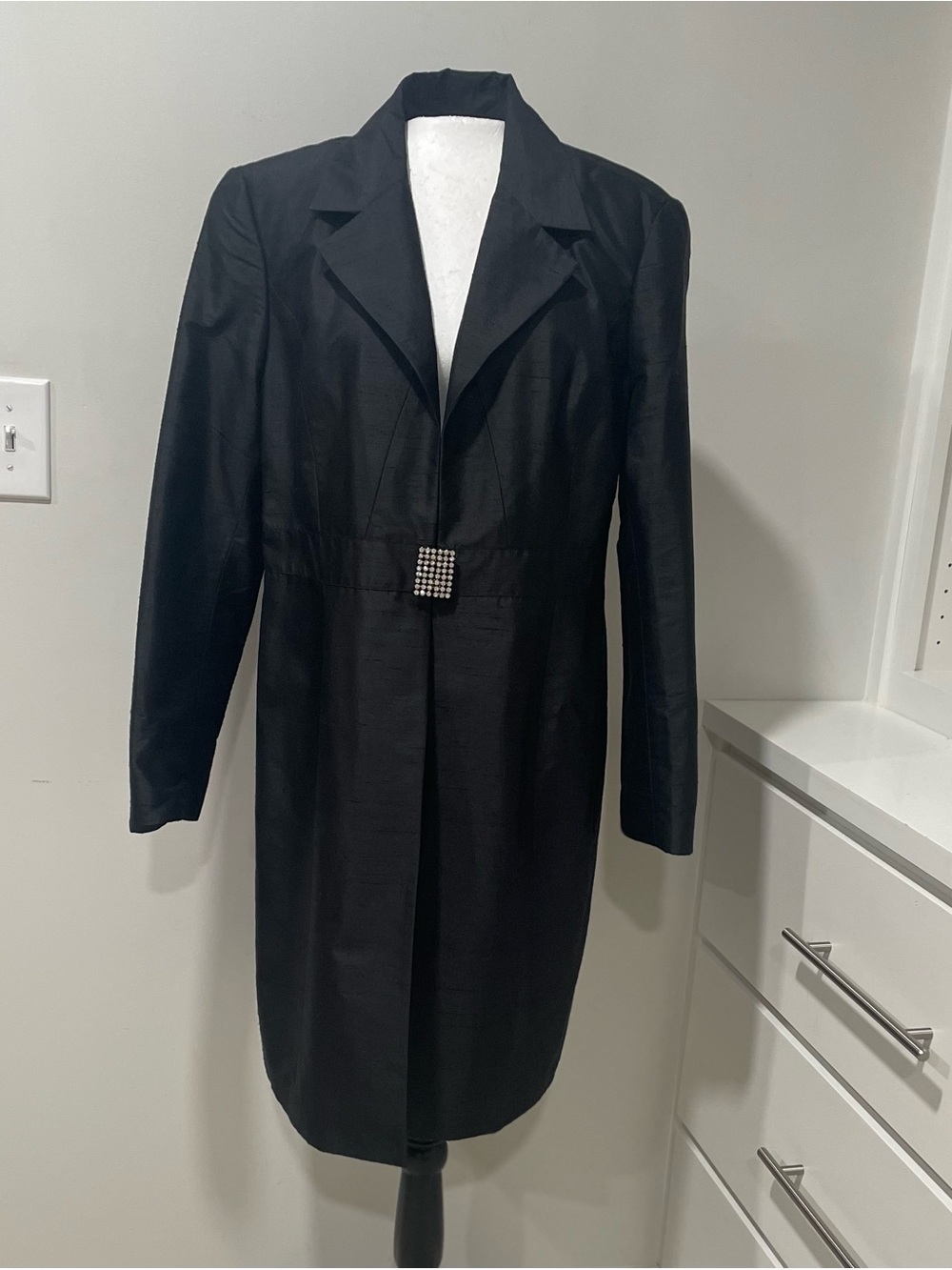 Reba Black Silk Mid Length Jacket Rhinestone Elegant Luxury Cocktail Gothic